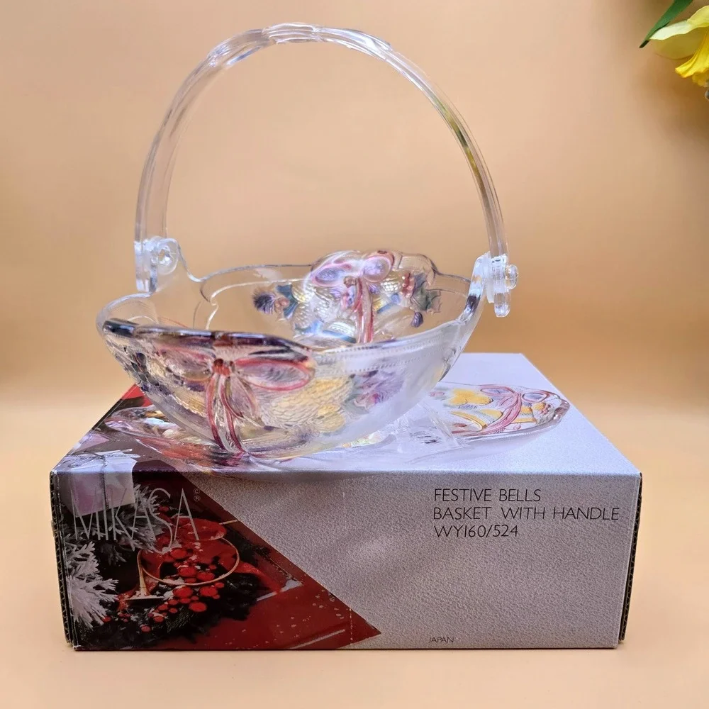 Mikasa Festive Bells Glass Basket‎ with Handle Christmas WY160/524 Japan Clear